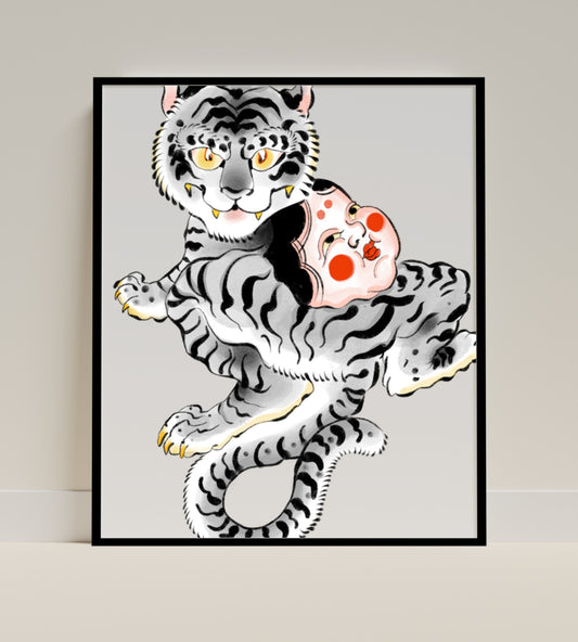 Vibrant Tiger and Doll Art Print Wall Decor Poster