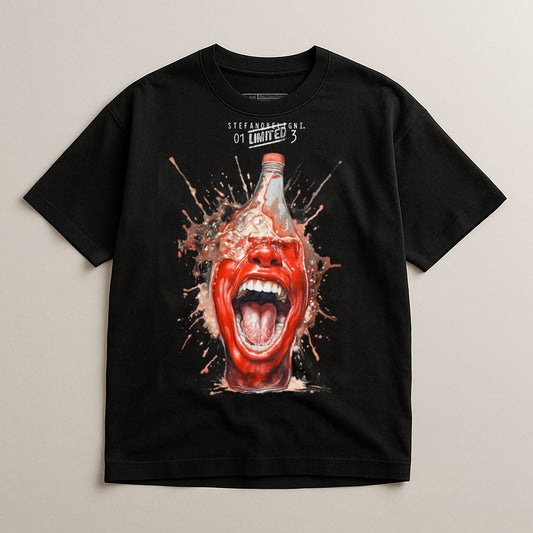 Black t-shirt with a surreal graphic of an open mouth bursting from a bottle.