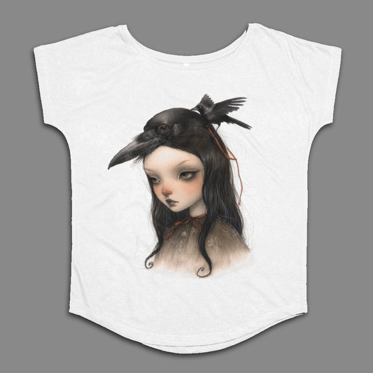 Mysterious Girl with Black Bird Artwork Shirt