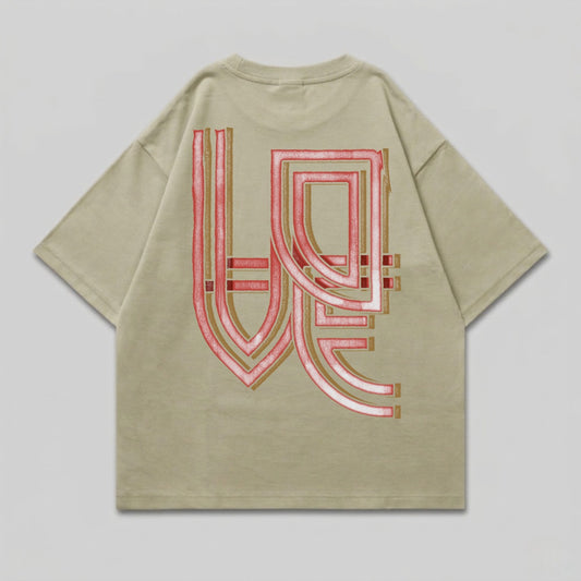 Tan t-shirt with red and gold graphic design on the back.
