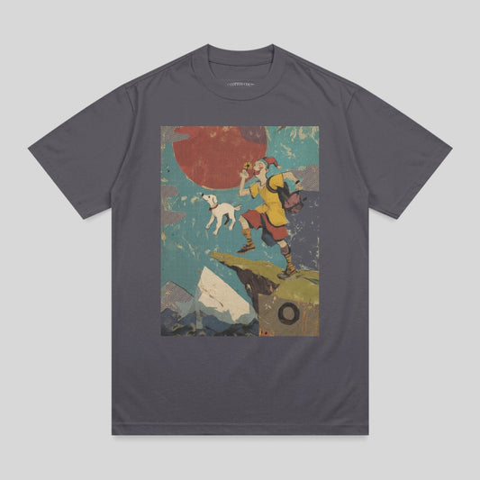 Jester Hiker Dog Cliff Edge Mountains Sun Vintage Art product type