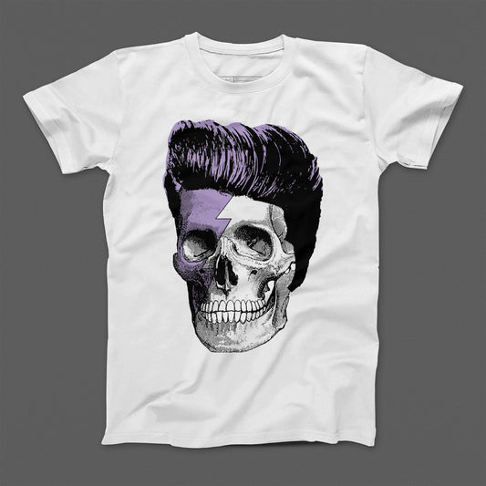 Skull with Rockabilly Hair and Lightning Bolt T-shirt