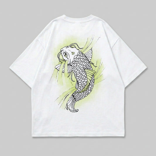 White t-shirt with black and green koi fish graphic on the back.