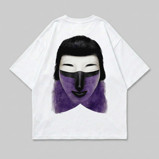 White t-shirt with abstract purple face and black hair graphic.