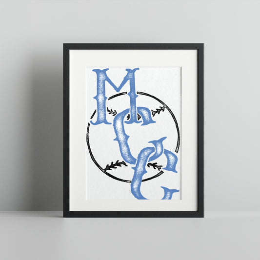Monogram Circle Art Print with Blue Letters Decor