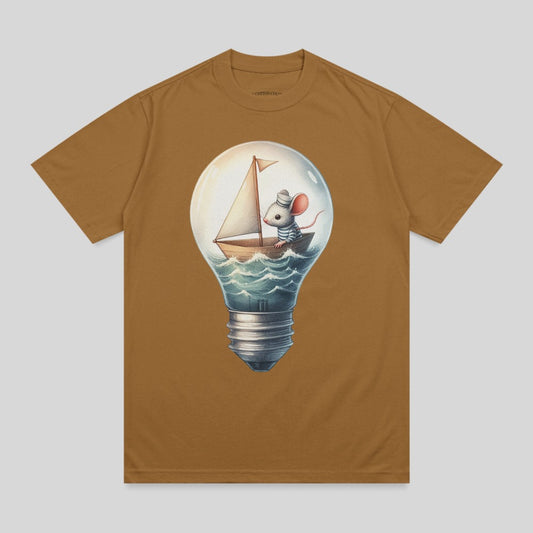 Mouse in sailboat inside a lightbulb.