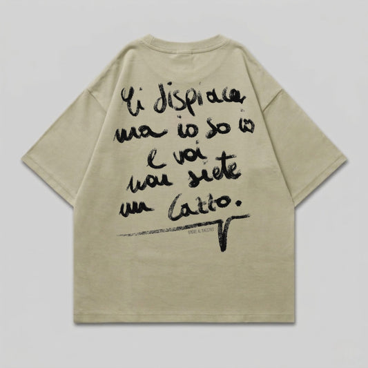 Beige t-shirt with handwritten Italian text and "ONDRE AL MAESTRO" graphic.