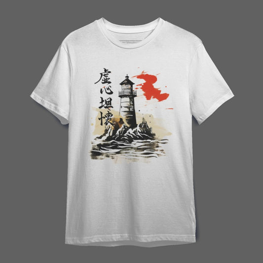 Lighthouse and Waves Print on White T Shirt