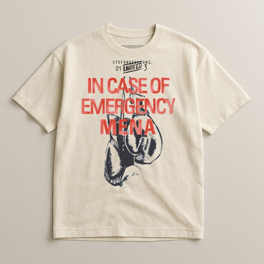 Cream t-shirt with "In Case of Emergency" and boxing glove graphic.