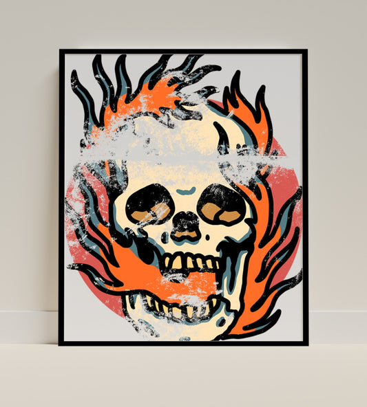 Vibrant Skull with Flames Wall Art Print Decor