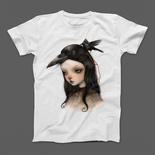 Artistic Girl with Raven Printed T-shirt Fashion Apparel