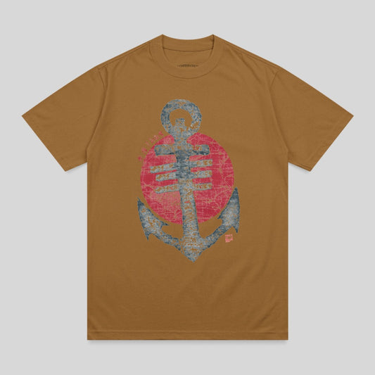 Brown t-shirt with distressed anchor graphic over a red circle.