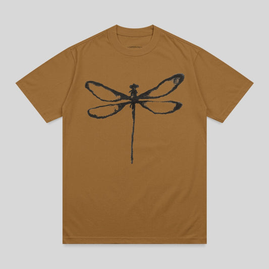 Brown t-shirt with a black dragonfly graphic.
