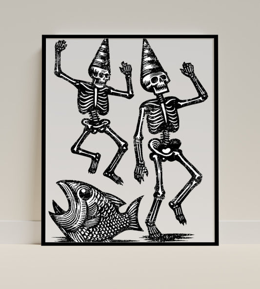 Dancing Skeletons with Fish Artwork Poster Print