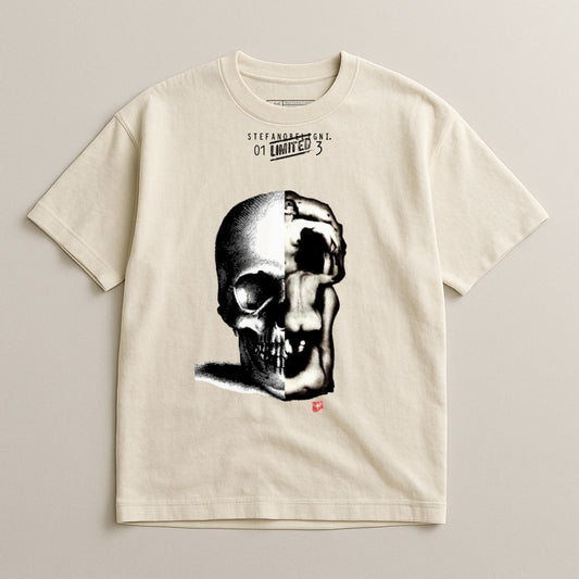 Cream t-shirt with graphic of a half skull and abstracted human figure.