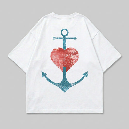 White t-shirt with distressed anchor and heart graphic on back.