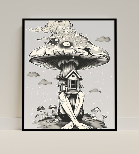 Surreal Mushroom House Art with Fantasy Elements poster