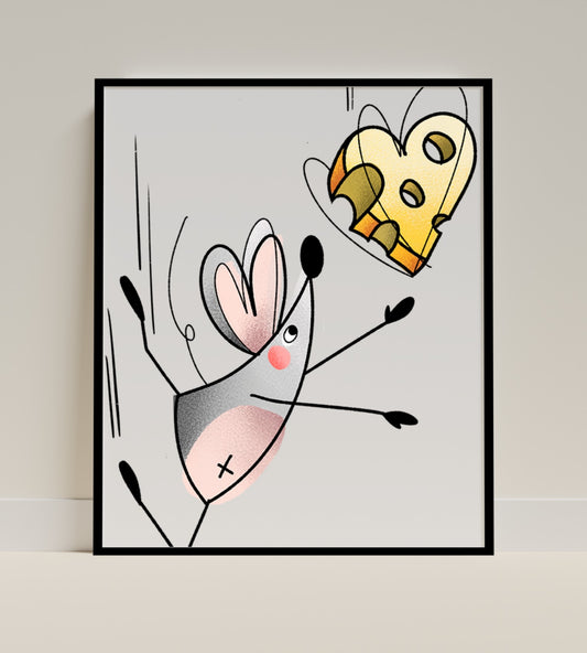 Playful Mouse with Heart Shaped Cheese Art Print
