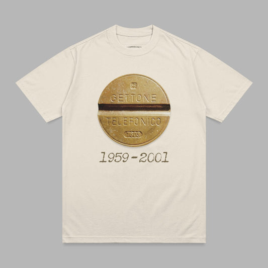 Cream t-shirt with gold circular emblem featuring "GETTONE TELEFONICO" and "1959-2001".