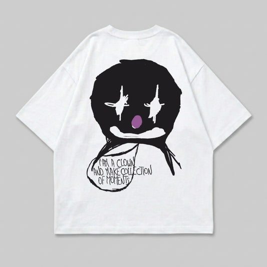 White t-shirt with black and purple clown face graphic and text.