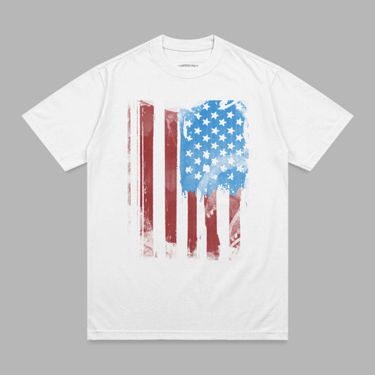 White t-shirt with distressed American flag graphic.