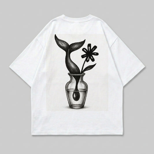 Whale tail and black flower in glass vase, graphic print on white t-shirt.