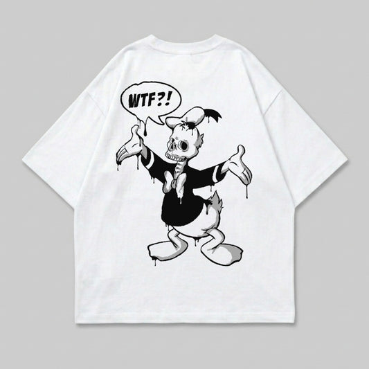 White t-shirt with skeletal Donald Duck graphic and "WTF?!" speech bubble.