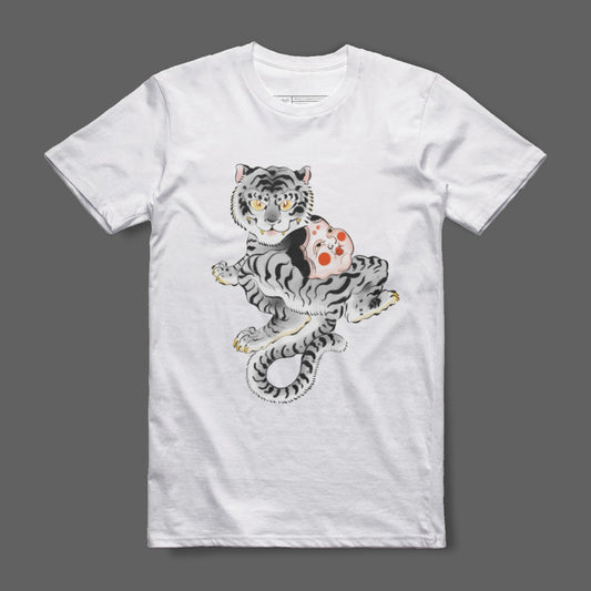 White T-Shirt with Unique Tiger and Koi Fish Design