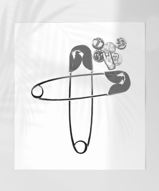 Bold Safety Pin Art With Punk Rock Band Buttons Poster