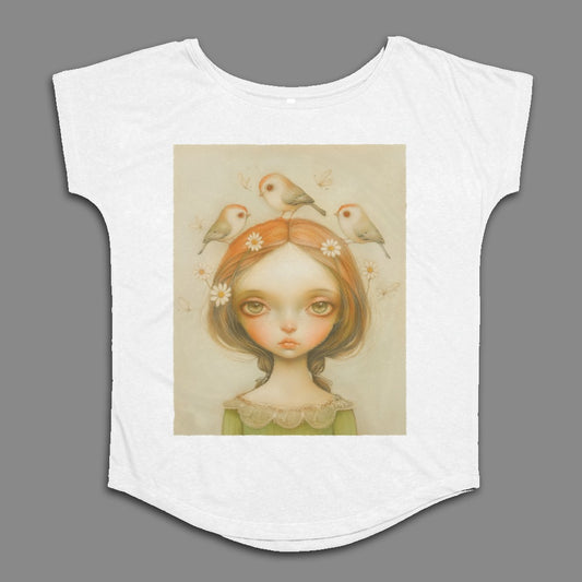 Whimsical Girl With Birds Artistic Graphic T-Shirt
