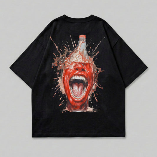 Black t-shirt with a graphic of a screaming face bursting from a bottle of liquid.