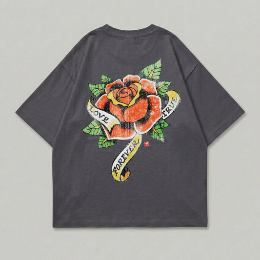 T-shirt with a red rose and a banner reading "FOREVER TRUE LOVE".