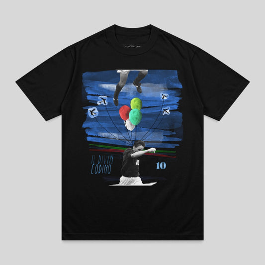 Black t-shirt featuring "Il Divin Codino" graphic with balloons and soccer player.