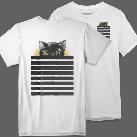 Black Cat Peeking from Striped Pocket T-shirt