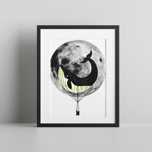 Whale Balloon Floating Over Moon Wall Art Print