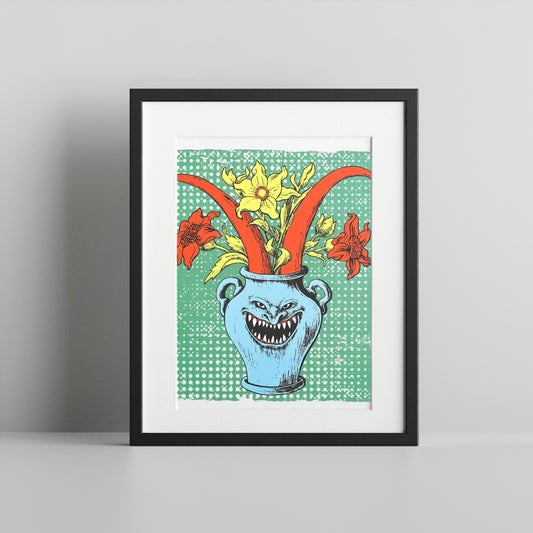 Whimsical Floral Monster Design in Black Frame Artwork
