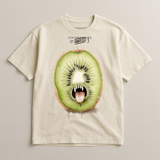 Kiwi fruit slice with fangs and green fur on a light cream t-shirt.