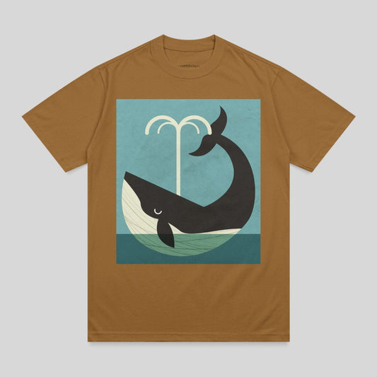Brown t-shirt with a stylized whale spouting water illustration.