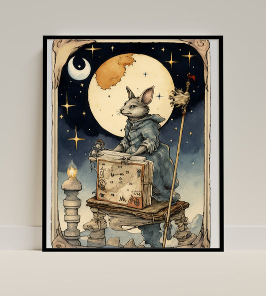 Enchanted Rabbit With Spellbook and Moon Art Print