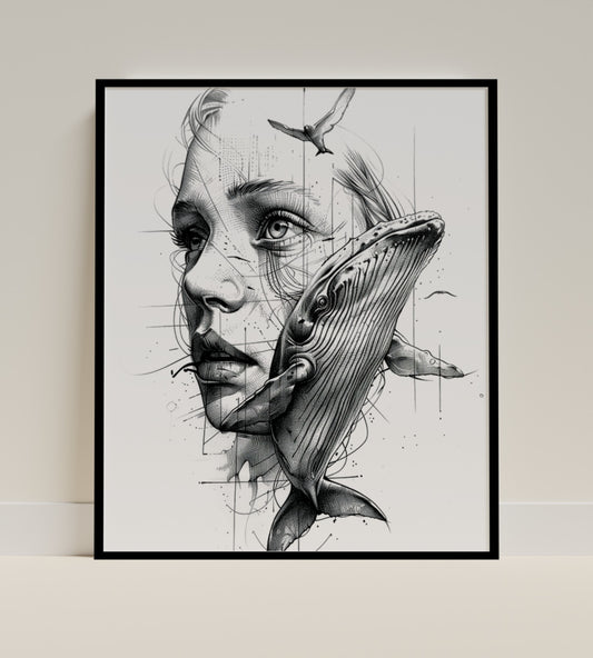 Whale and Woman Artistic Illustration Wall Art