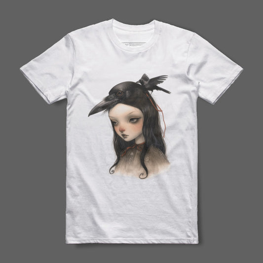 Mysterious Girl with Raven Artwork Unique T-shirt