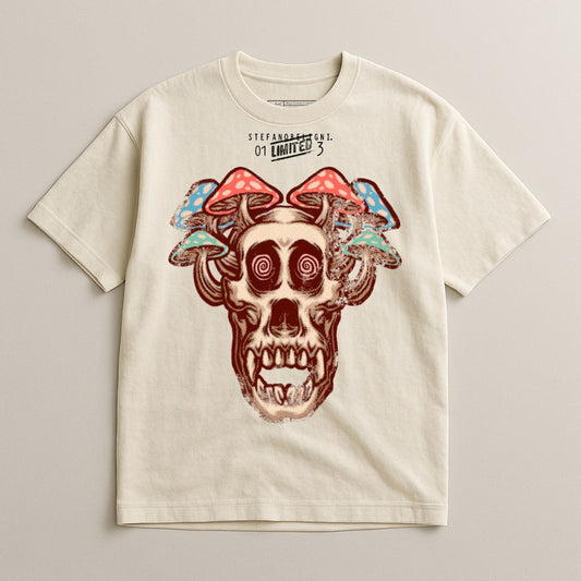 Unique Skull Tee with Mushroom Graphic Print Shirt