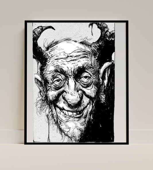 Monochrome Illustration of a Devilish Elderly Man Artwork