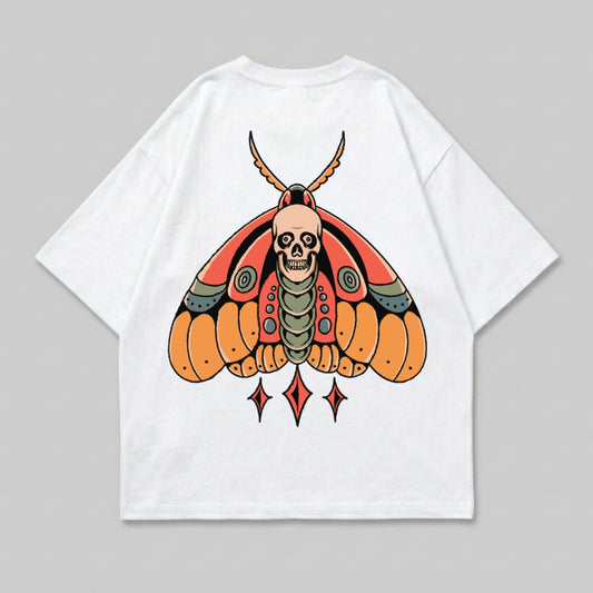Unique Skull Moth Graphic Design Orange Red White Top product type