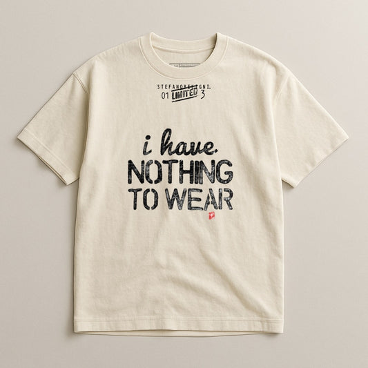 Cream t-shirt with "I have. Nothing to wear." text and "Stefano Benigni 01 LIMITED 3"