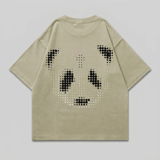 Light tan t-shirt with a pixelated panda face graphic on the back.