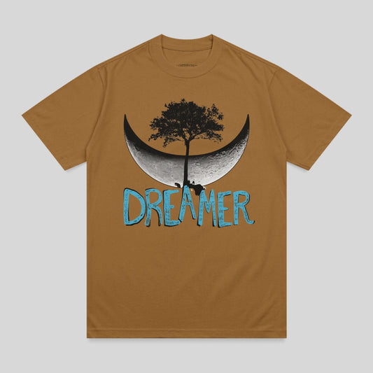 Brown t-shirt with a crescent moon, tree, and "DREAMER" text.