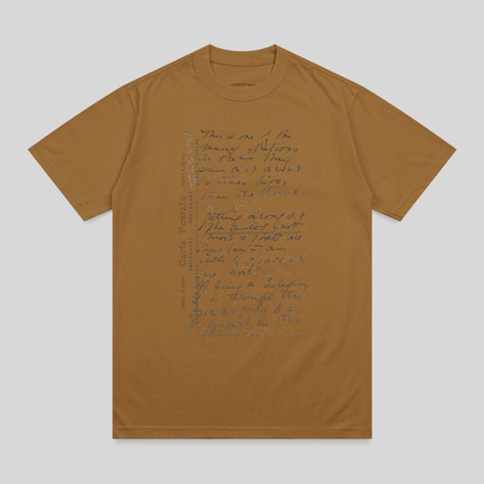 Brown t-shirt with handwritten script and "POST CARD" text.