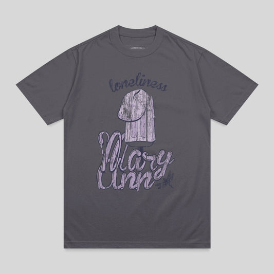 Grey t-shirt with "loneliness Mary Ann" text and a pastel figure.