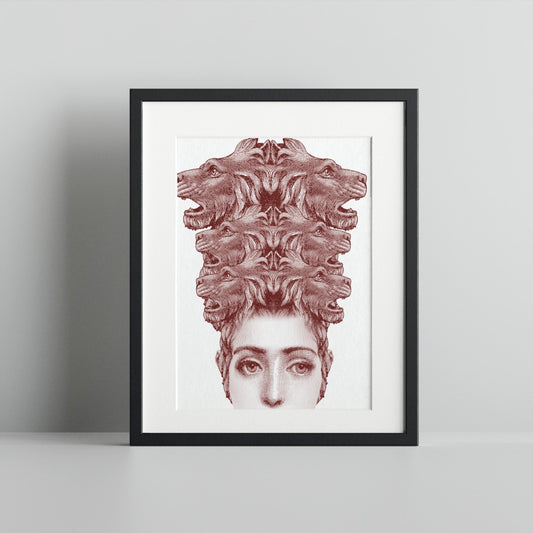 Woman with Animal Heads Artistic Framed Art Print